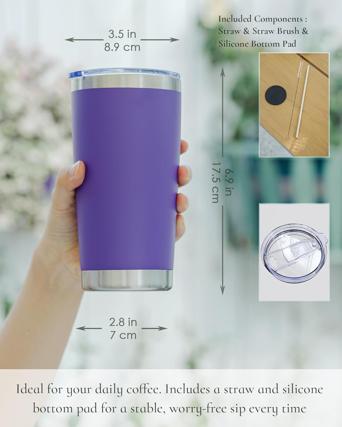 Travel Coffee Tumbler 20oz, 12 Pack Leakproof Travel Coffee Mug with Lid and Straw, Stainless Steel Double Wall Vacuum Insulated Tumbler for Hot/Iced Drinks (Textured Matte, Purple)