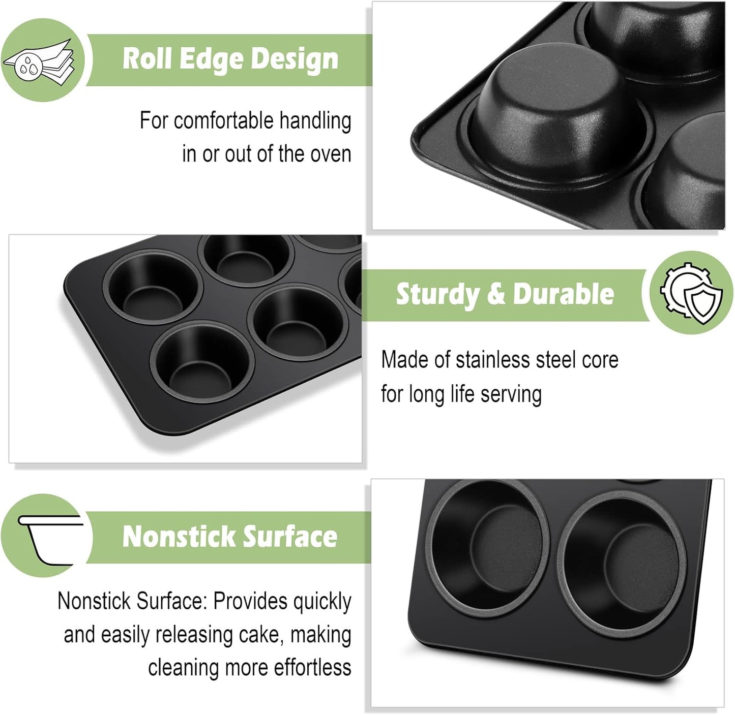 TeamFar Muffin Pan Set of 4, 6 Cup Muffin Tin Cupcake Pan Tray with Nonstick Coating and Stainless Steel Core, for Home/Kitchen Baking, Healthy & Heatproof, Release Easily & Easy Clean