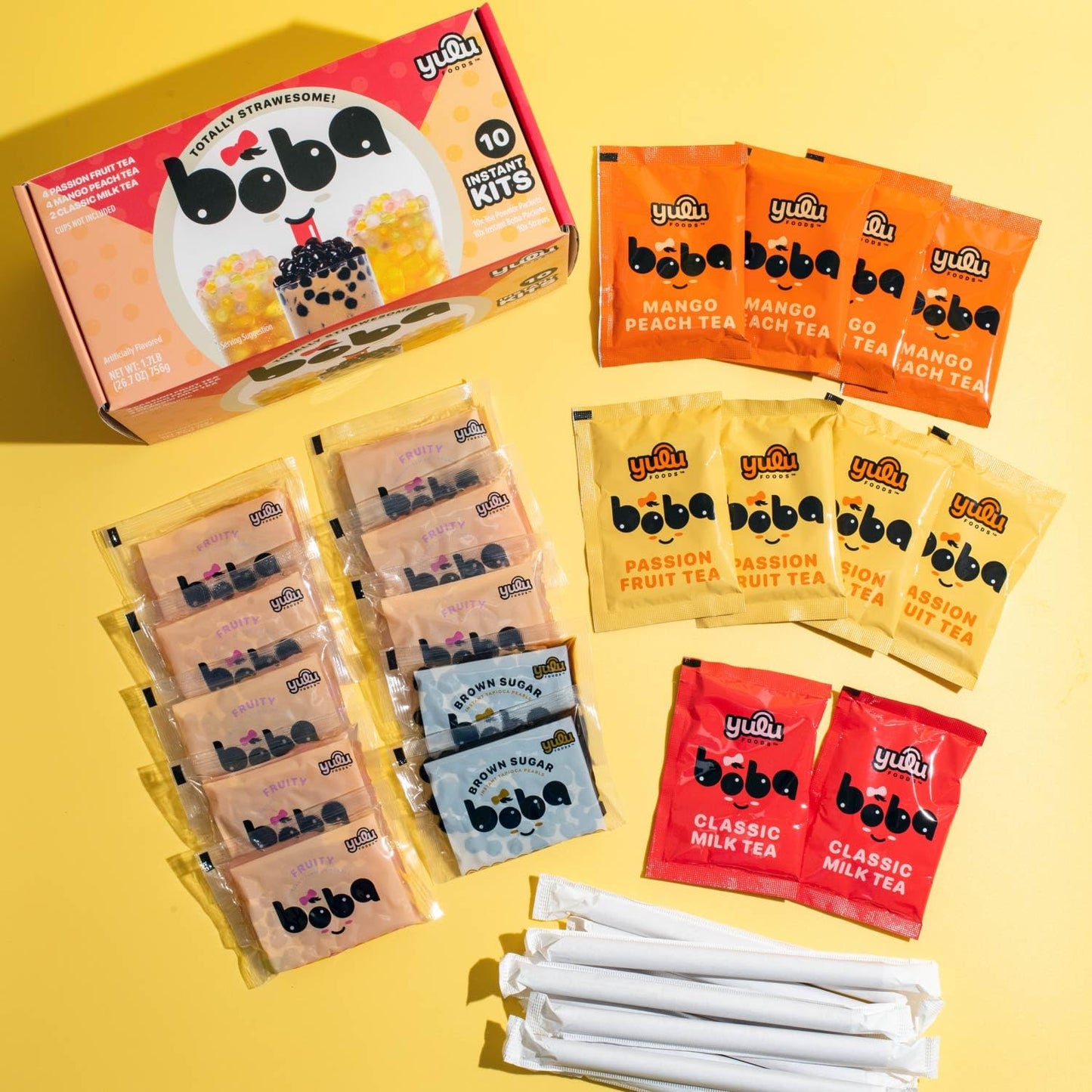Boba Bundle Kit 10 Serv. Instant Bubble Pearl Variety Milk Tea Kit with Authentic Brown Sugar Tapioca Pearls by Yulu Foods - Ready in Under 1 Minute, Includes Paper Straws - Gift Box, Holiday (Classic, Mango Peach, Passionfruit)