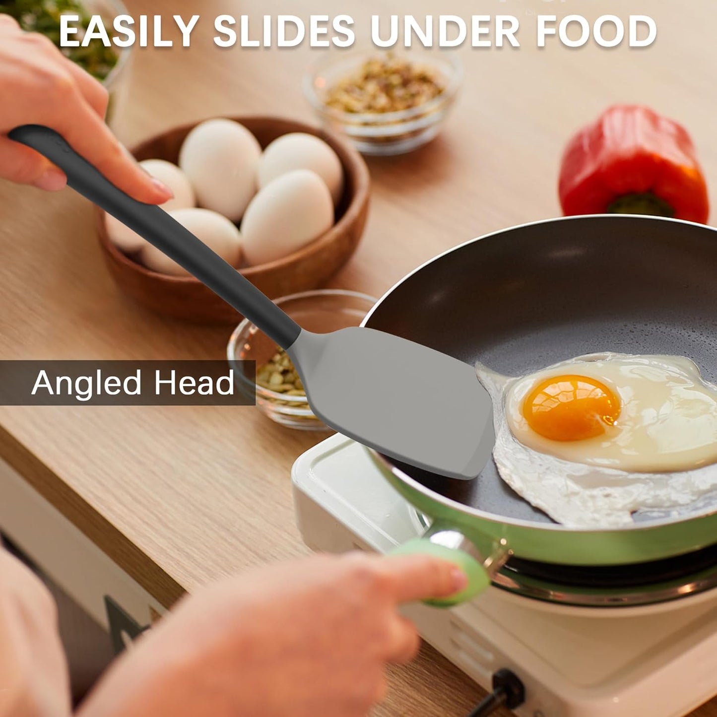 Coukre Silicone Spatula Set of 3, High Heat Resistant, BPA-Free, Kitchen Utensils, Fish Spatula, Solid & Slotted Turner for Non-Stick Pans, Flipping Eggs, Pancakes, Fish, Burgers (3, Gray)