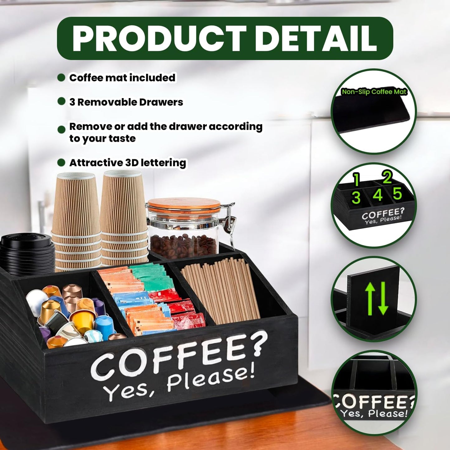 Coffee Bar Organizer for Countertop and Silicone Mat Included - Coffee Organizer Station with Removable Drawers - Tea Station for Countertop - Home Bar Accessories