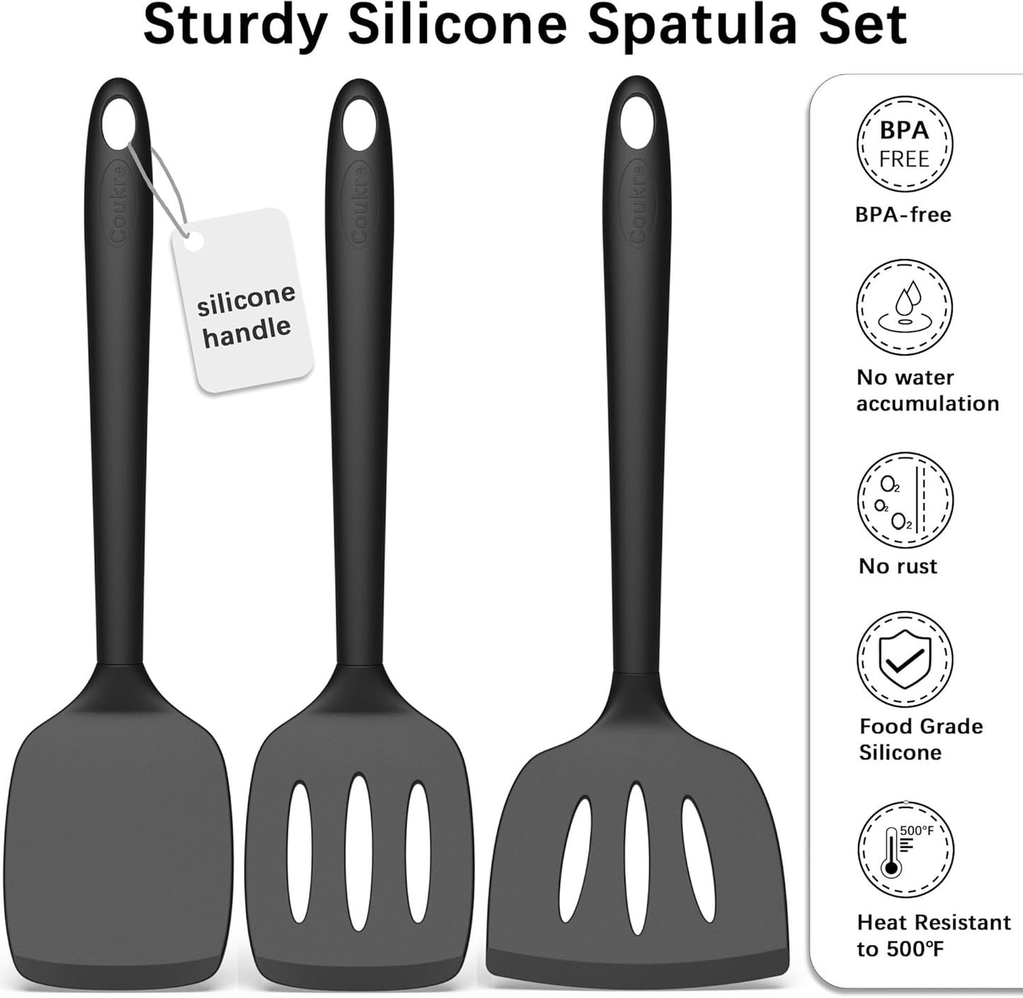 Coukre Silicone Spatula Set of 3, High Heat Resistant, BPA-Free, Kitchen Utensils, Fish Spatula, Solid & Slotted Turner for Non-Stick Pans, Flipping Eggs, Pancakes, Fish, Burgers (3, PureBlack)