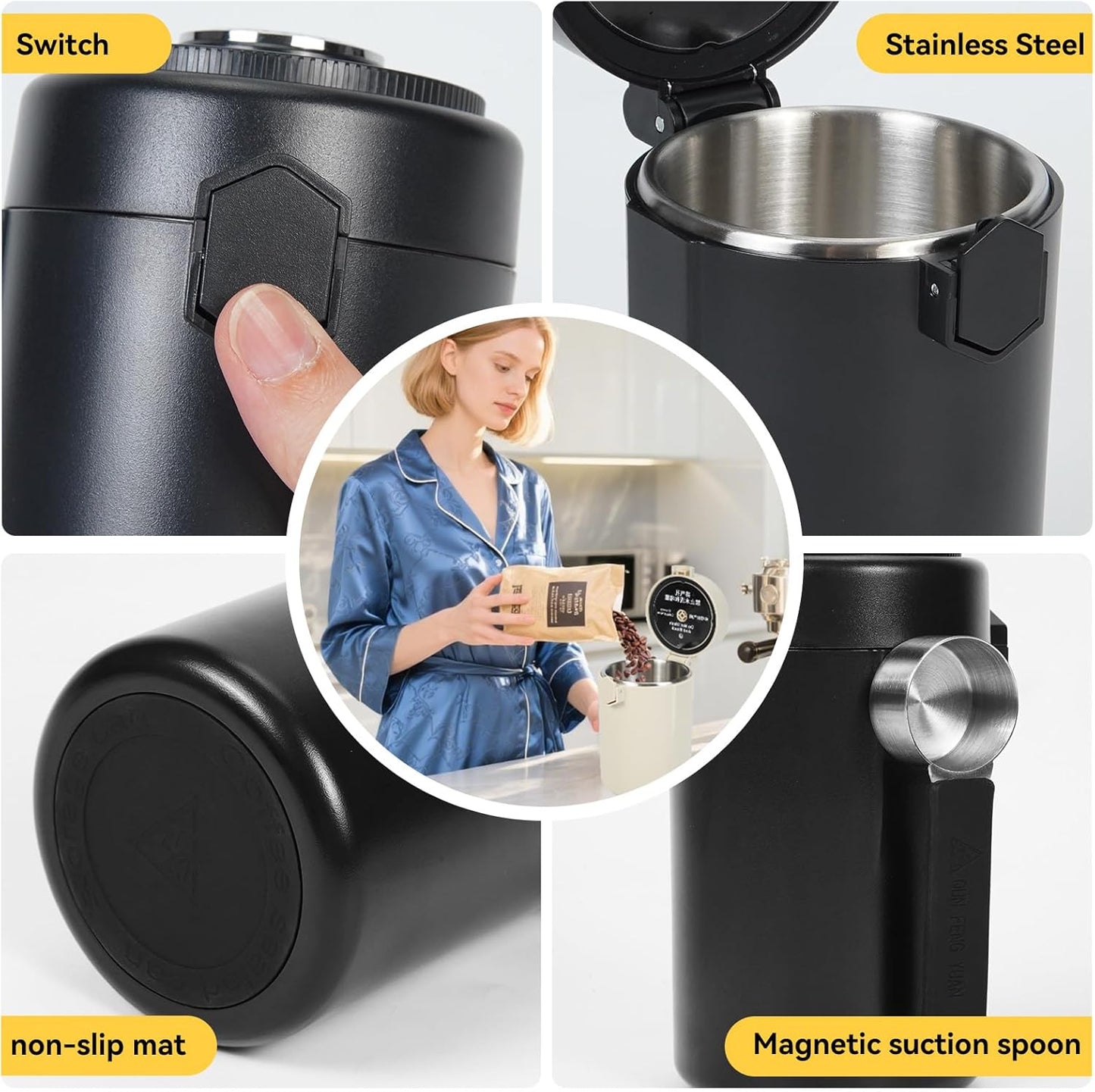 Coffee Canister, Airtight Stainless Steel Kitchen Food Storage Container With Spoon And Date Tracker, For Ground Coffee, Cereal, Bean, Tea,Sugar (black)