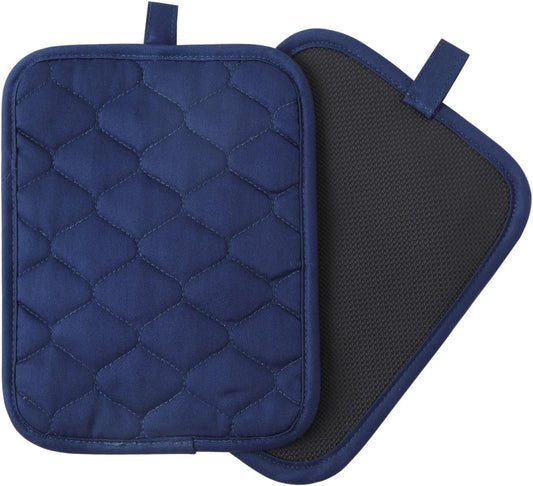 Glynniss Anti-Slip Grip Pot Holders for Kitchen, Cotton Oven Pot Holders Set with Neoprene for Heat Resistant 450F, 7x9 Inches Potholders Machine Washable 2PCS (Blue, 2)