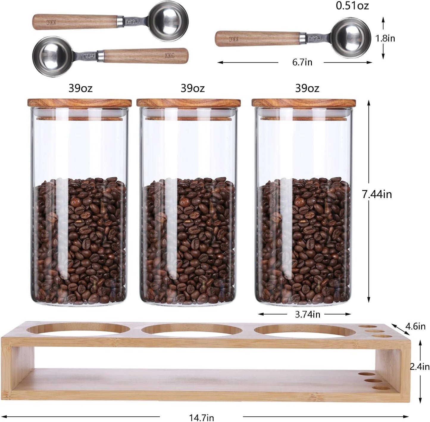 KKC HOME ACCENTS Sealed Glass Containers with Airtight Wood Lids and Scoops for Kitchen Counter,Sealed Jars for Flour,Brown Sugar,Loose Leaf Tea,Coffee Bean or Ground Coffee,39 Fluid-oz
