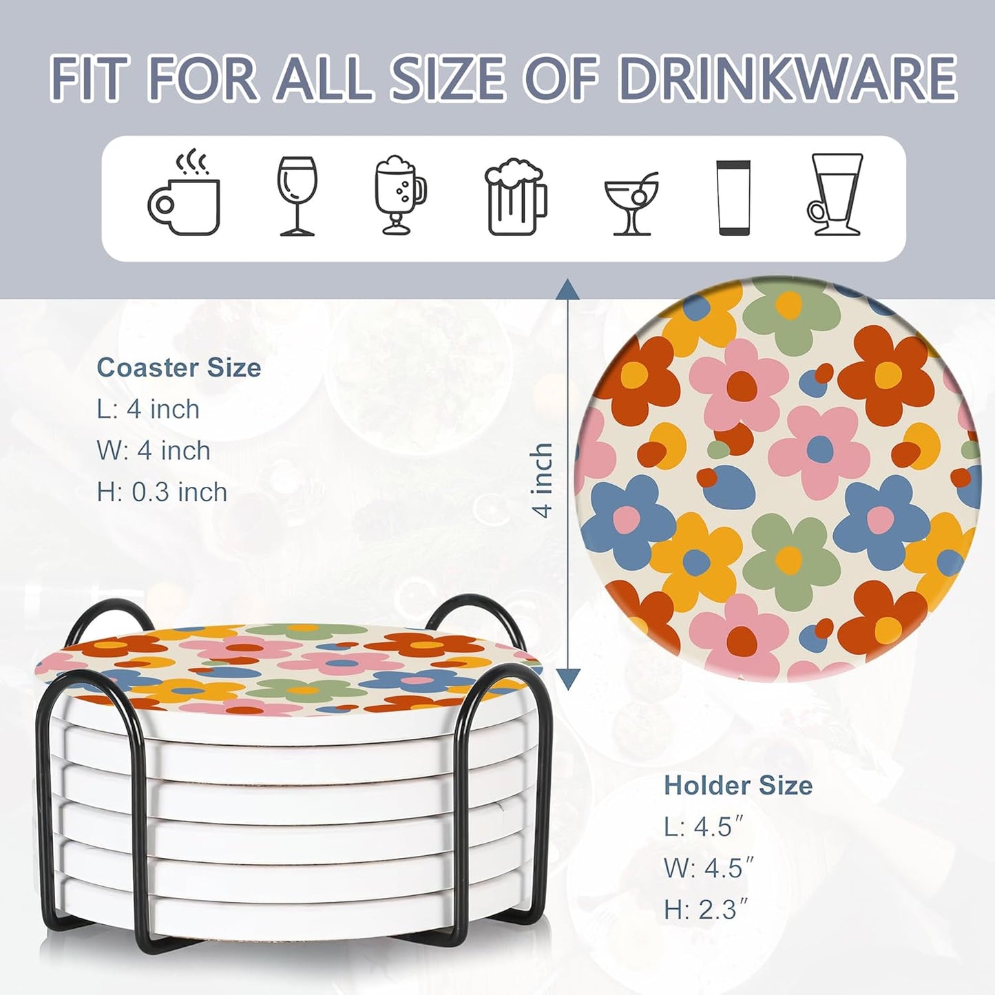 Drink Coasters Set of 6 with Holder, Vintage Groovy Flowers Absorbent Ceramic Drink Coaster for Tabletop Protection,Suitable for Kinds of Cups,Drinks Coasters for Home Office Decoration(4 Inches)