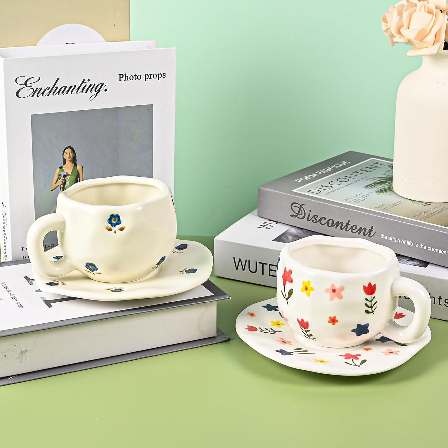 Ceramic Coffee Mug Vintage Flower Mugs 8 oz Cute Floral Coffee Mugs Irregular Latte Art Cup Lead-free Porcelain Cups for Cappuccino, Cocoa (Blue and Pink Mug with Saucers)