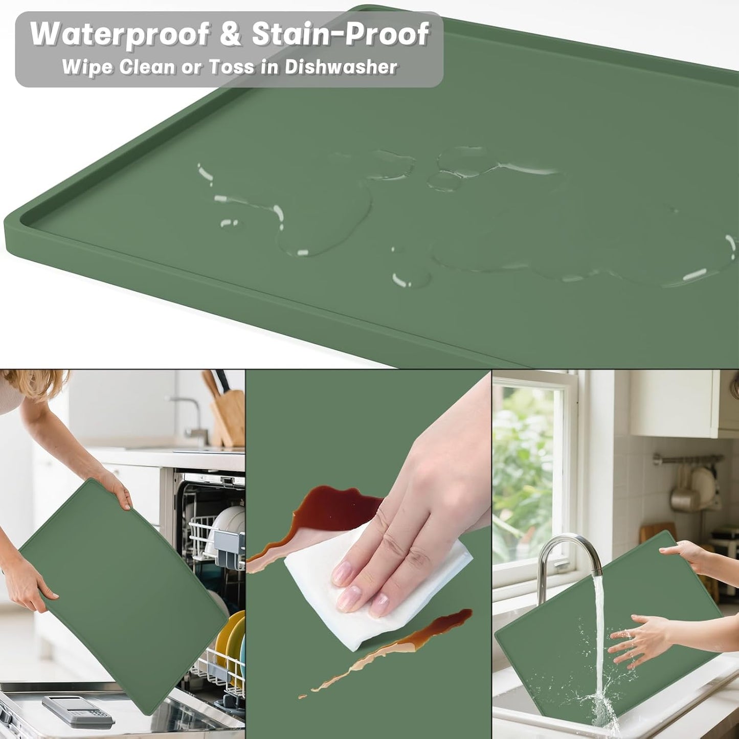 Rnivvi Silicone Coffee Mat, 16" x 24" Waterproof Raised Edge Coffee Bar Mats for Espresso Machine Station Accessories, Heat Resistant Detachable Dish Drying Pad for Kitchen Counter, Dish Rack, Green