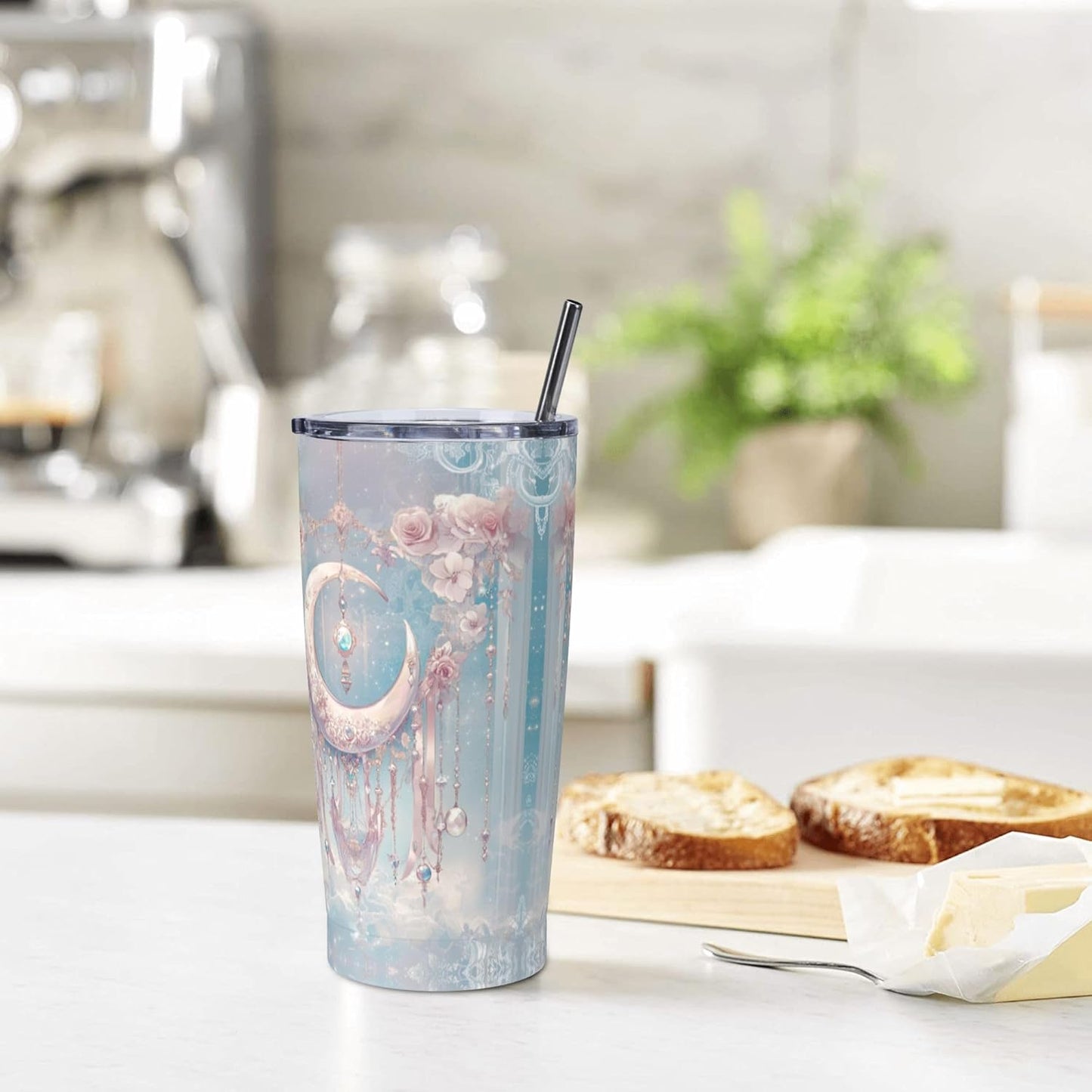 Moon Tumbler with Lid and Straw 20oz Coffee Tumblers Leakproof Stainless Steel Travel Mug Vacuum Insulated Cup for Iced and Hot