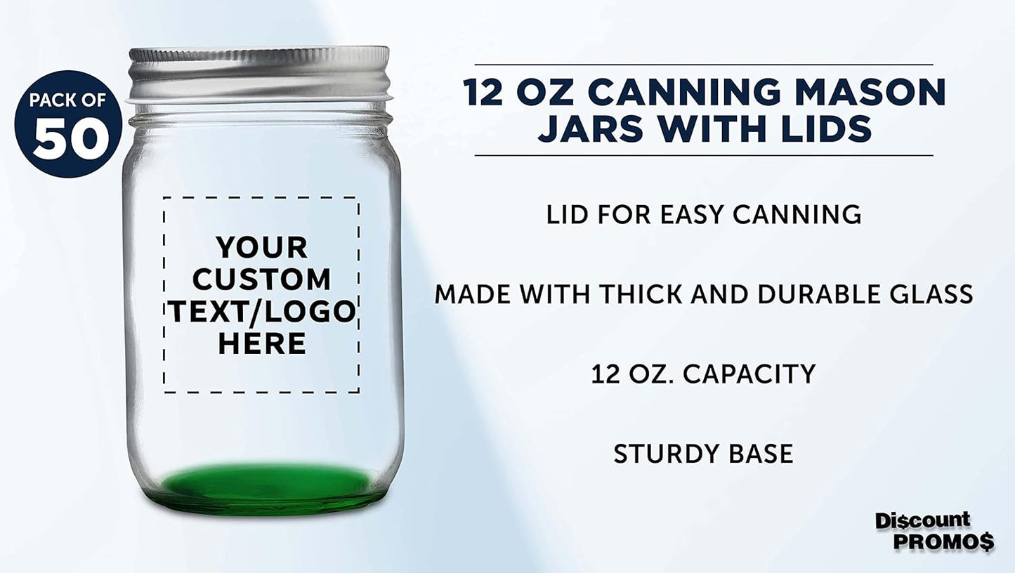 DISCOUNT PROMOS 50 Decorating Mason Jars Set, 12 oz. - Customizable Text, Logo - Canning, Aluminum Lid - Green