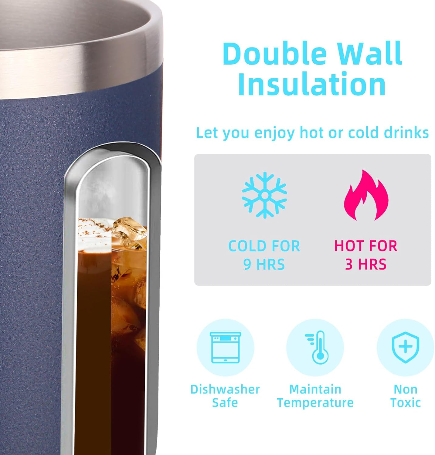 Volhoply 14oz Insulated Stainless Steel Coffee Mug with Lid Bulk 8 Pack,Double Wall Vacuum Travel Coffee Cup with Handle,Reusable Metal Cups Tumbler,Camping Mugs Keep Hot,Ideal Gifts(Navy,8)