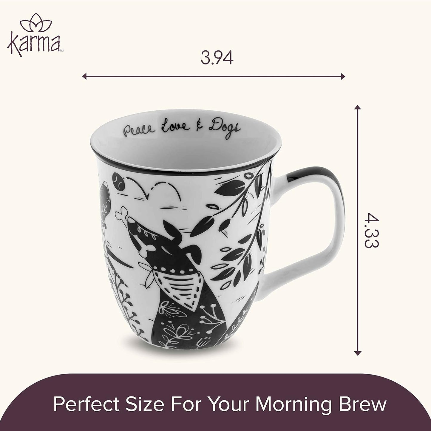 Karma Gifts 16 oz Black and White Boho Mug Dog - Cute Coffee and Tea Mug - Ceramic Coffee Mugs for Women and Men