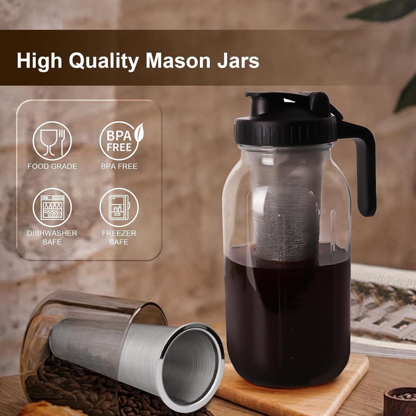 Cold Brew Coffee Maker - 64 Oz Heavy-Duty Glass Mason Jar Pitcher with Stainless Steel Filter, Leak-Proof Lid, Ergonomic Handle & Precision Pour Spout – Ideal for Iced Coffee, Tea, Cold Brew (Black)