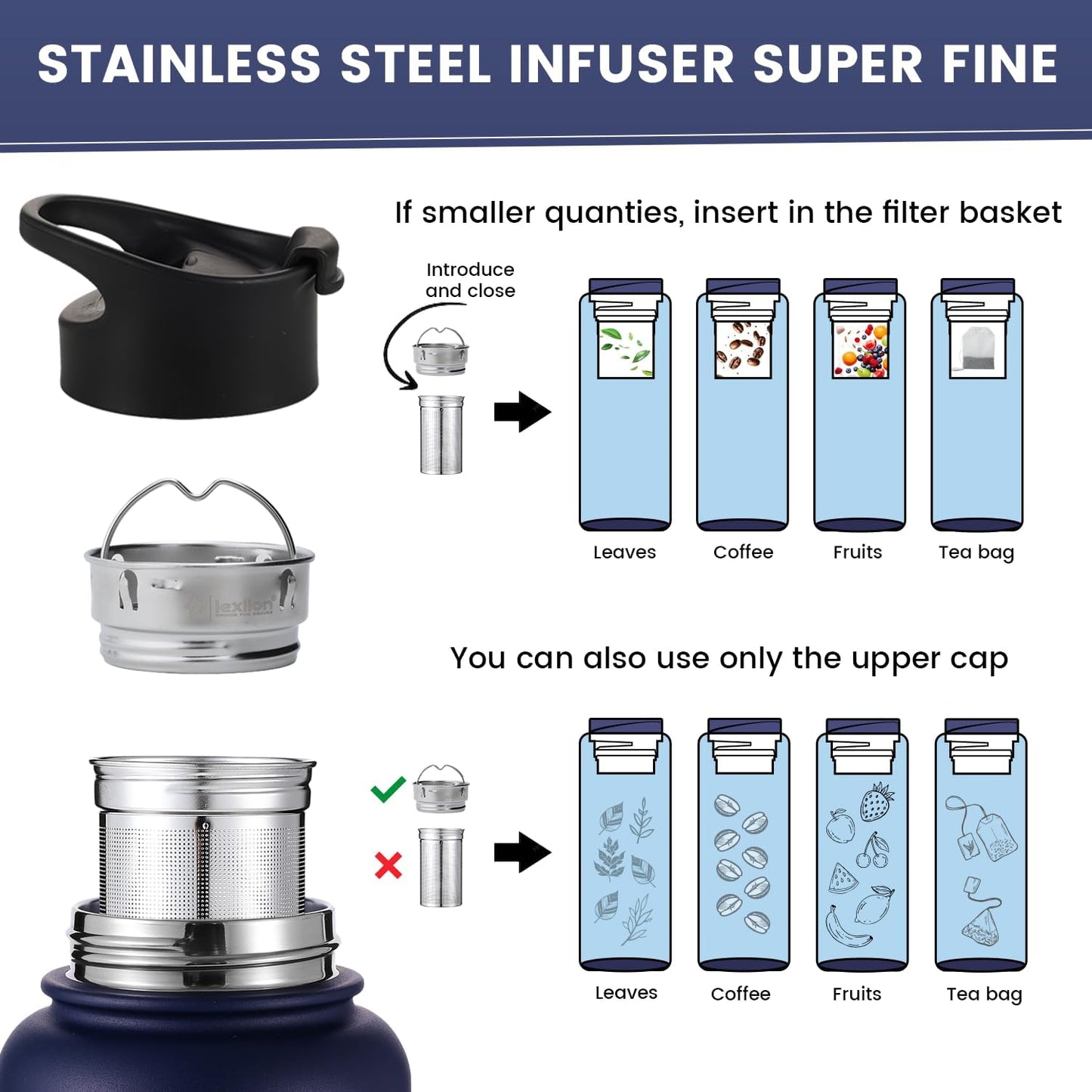 Lexlion Fruit Infuser Water Bottle - 22 Oz, Triple Walled Insulated Stainless Steel, Thermal Leaf Infuser, Silicone Sleeve, 3 Lids Leakproof, Metal Mug