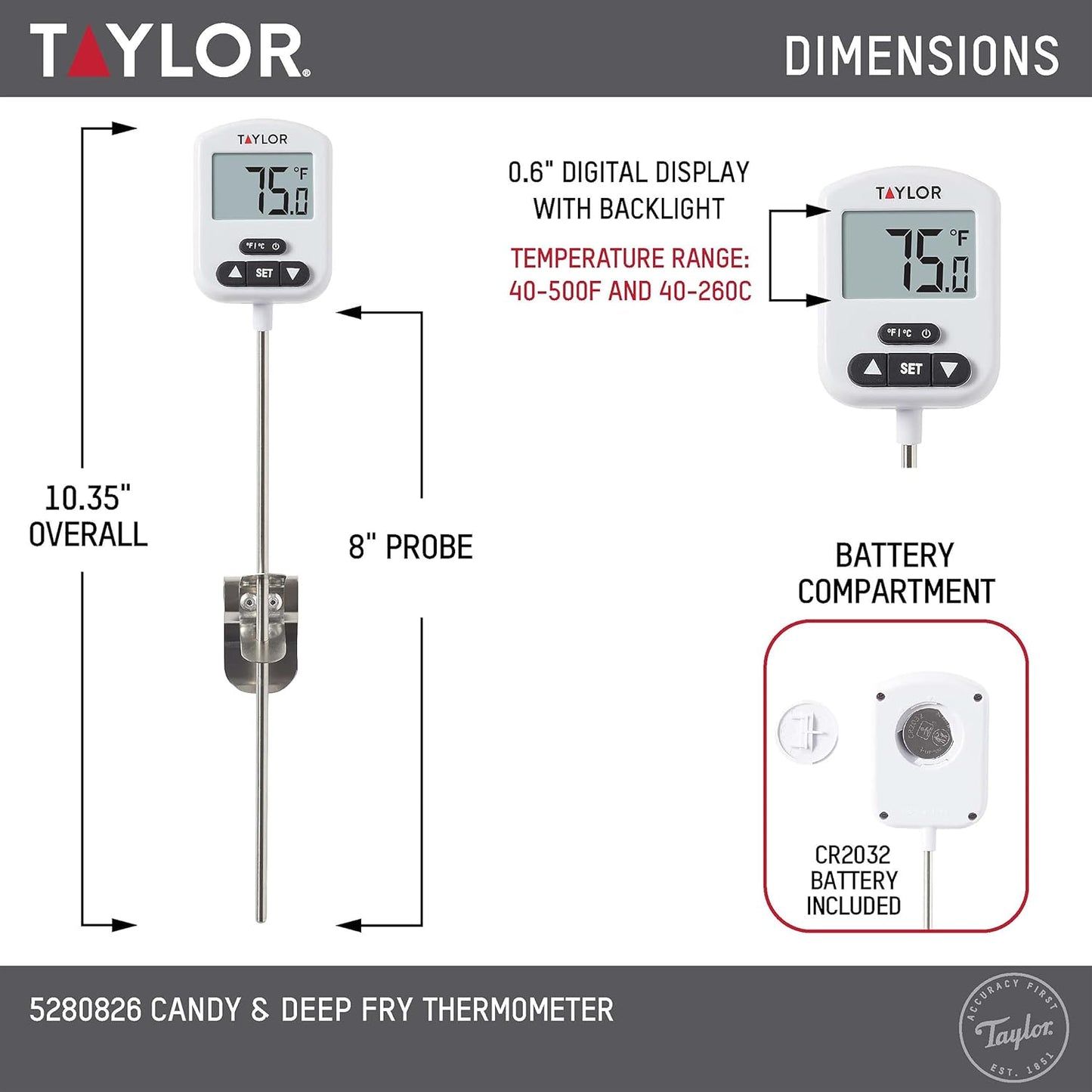 Taylor Programmable Digital Candy and Deep Fry Thermometer with Green Light Alert Display & Stainless Steel Candy Deep Fry Food Cooking Kitchen Analog Thermometer, 12 Inches