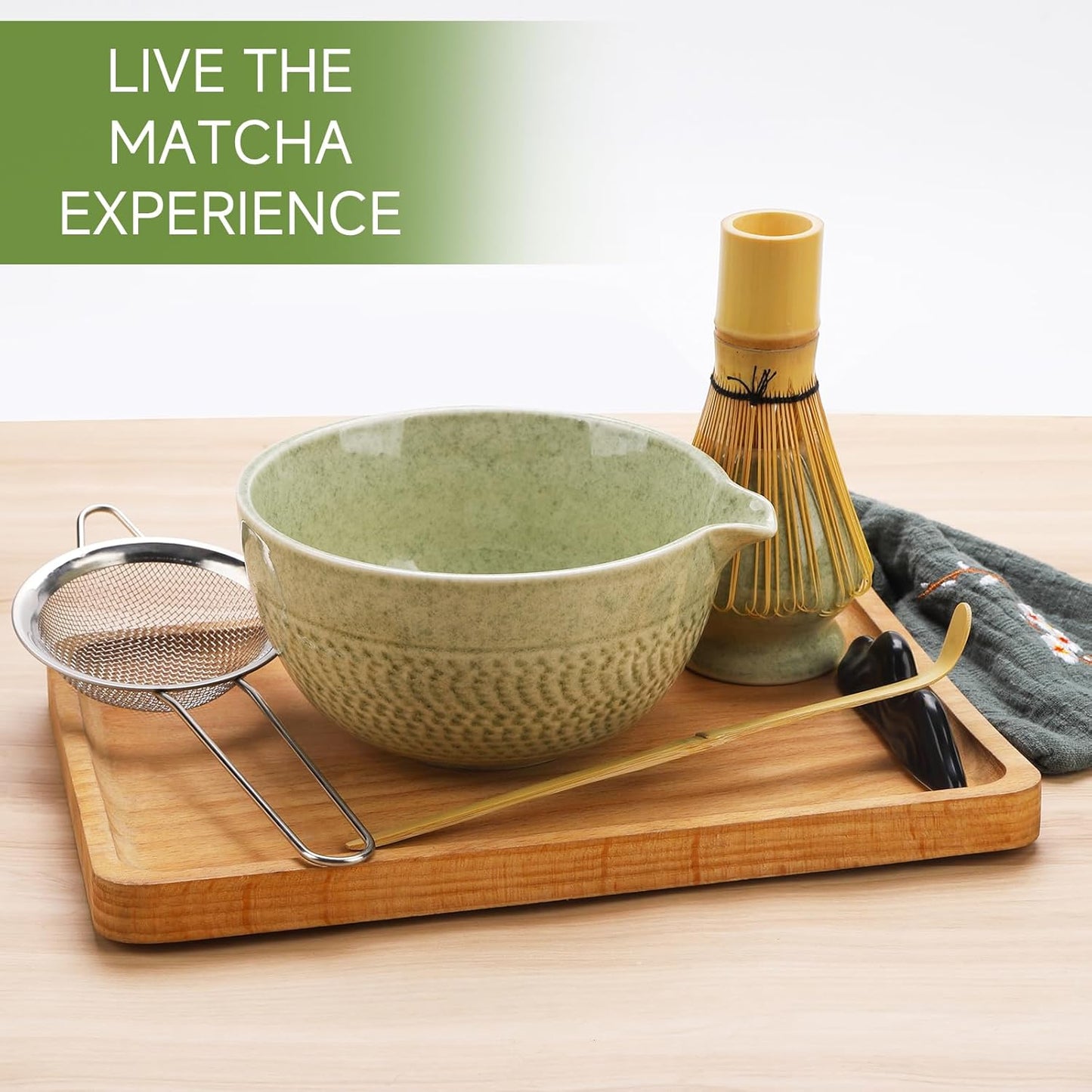 Matcha Whisk Set,7 Pcs Ceramic Set Includes Matcha Bowl,Matcha Whisk and Holder, Bamboo Scoop, Scoop Rest, Sifter and Tea Towel, Perfect Kit for Matcha lovers