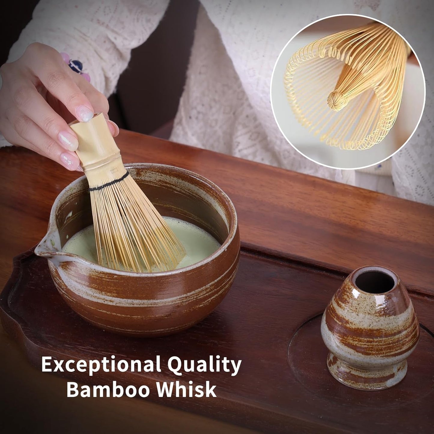 Japanese Matcha Whisk Set - 6-Piece Kit with Bamboo Chasen, Matcha Ceramic Bowl with Spout, Stainless Steel Sifter Brown