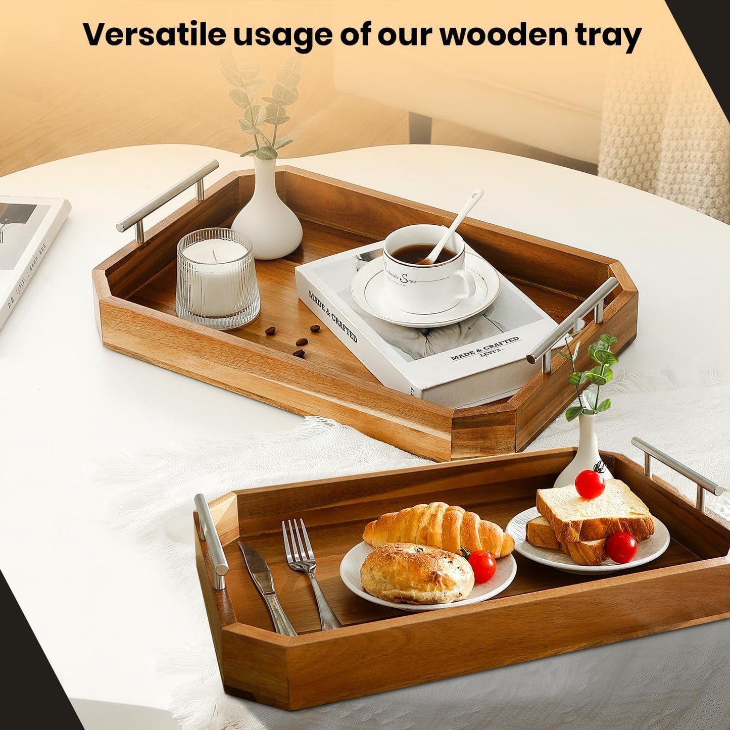 Wooden Serving Tray with Handles – Premium Acacia Wood Tray for Couch, Coffee Table, Ottoman, or Bar – Rustic Walnut & Dark Wood Serving for Drinks, Snacks, Breakfast, and Meal