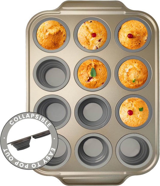 Nonstick Silicone Muffin Pan with Metal Frame – 12-Cup Easy-Release Cupcake & Egg Bite Mold for Baking, Oven-Safe & Non-Toxic Bakeware