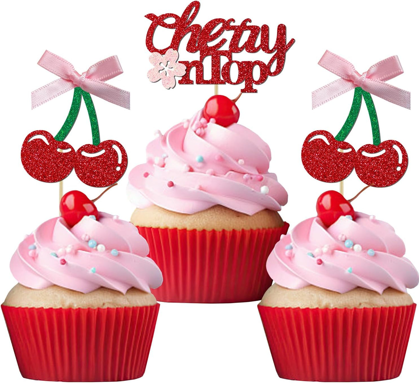 24 Pack She's the Cherry On Top Cupcake Toppers, Glitter Cherry Sweet Cake Pick for Fruits Theme Baby Shower and Bridal Shower Decorations Supplies (Ribbon Top)