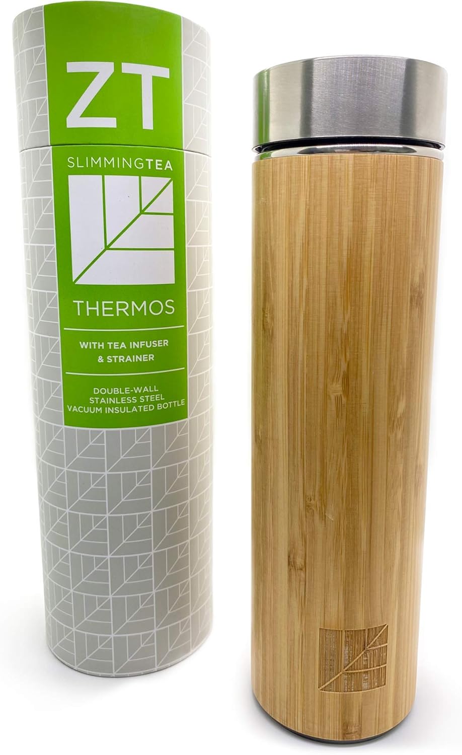 Dr. Zisman ZT Double-Walled Stainless-Steel Tea Infuser Bottle or Travel Mug Cup Container - Leak-Free Insulated Thermos Tumbler for Keeping Hot and Cold Water or Beverages (Bamboo)