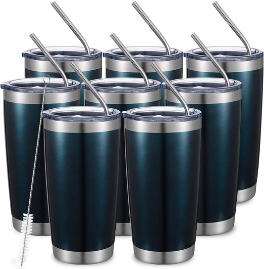 COMOOO 20oz Tumbler 8 Pack Double Wall Vacuum Insulated Travel Mug, Stainless Steel Tumbler Bulk with Lid and Straw, Durable Powder Coated Insulated Coffee Cup for Cold & Hot Drinks (Peacock blue, 8)