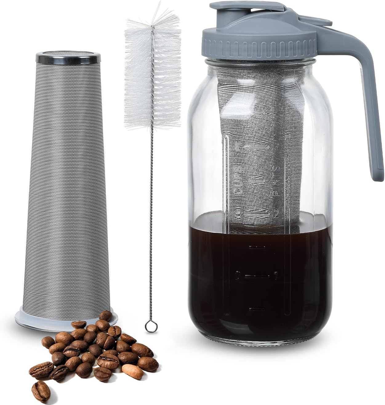 Cold Brew Coffee Maker Pitcher 64-ounce Glass Wide Mouth Mason Jar with Stainless Steel Filter and Pour Spout Handle Lid (Grey, 64Ounce)