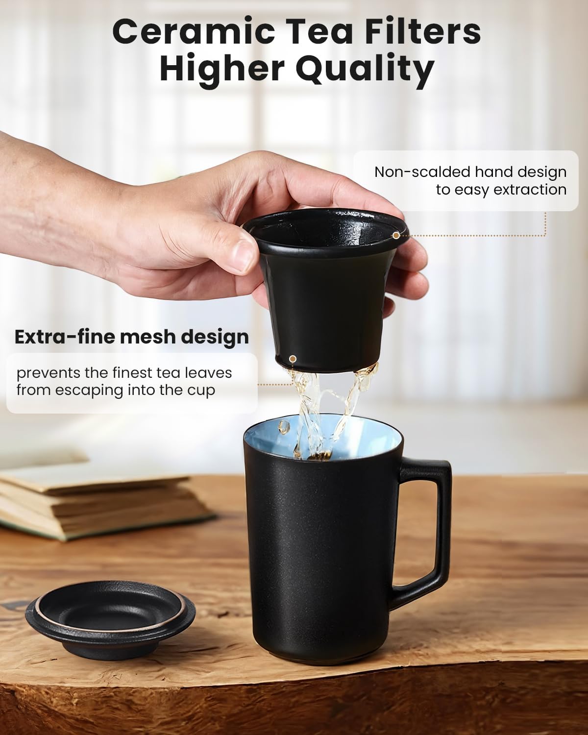 15 OZ Porcelain Tea Infuser Cup with Lid,Ceramic Tea Mug with All-Porcelain Strainers for Loose Leaf Teas,Microwave and Dishwasher Safe Coffee Mug,Metal-Free,BPA-Free,Gifts for Tea-Lover (Black)