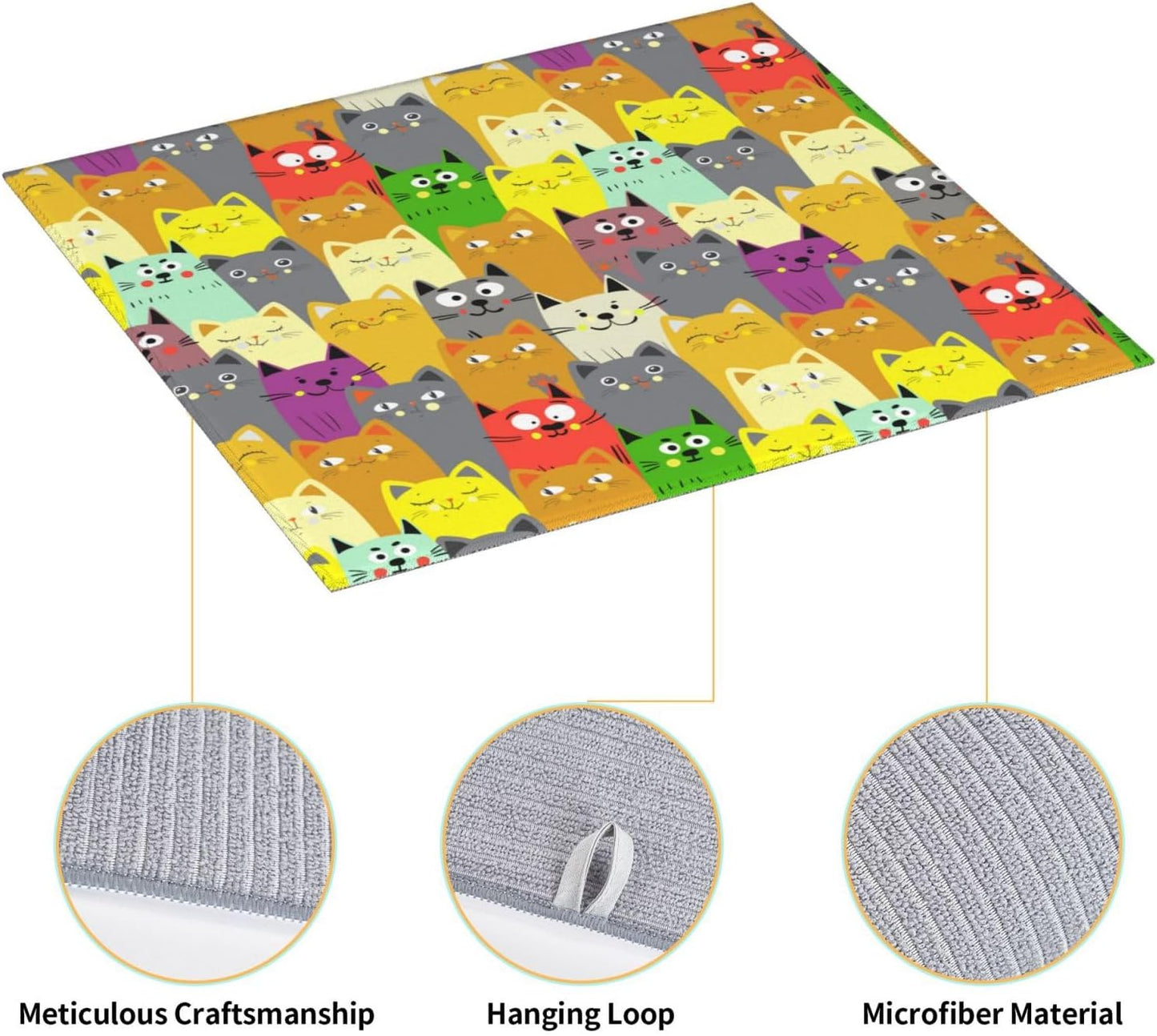 Charming Cat Dish Drying Mat, Highly Absorbent Microfiber Kitchen Counter Pad Reusable Washable, 16*18"