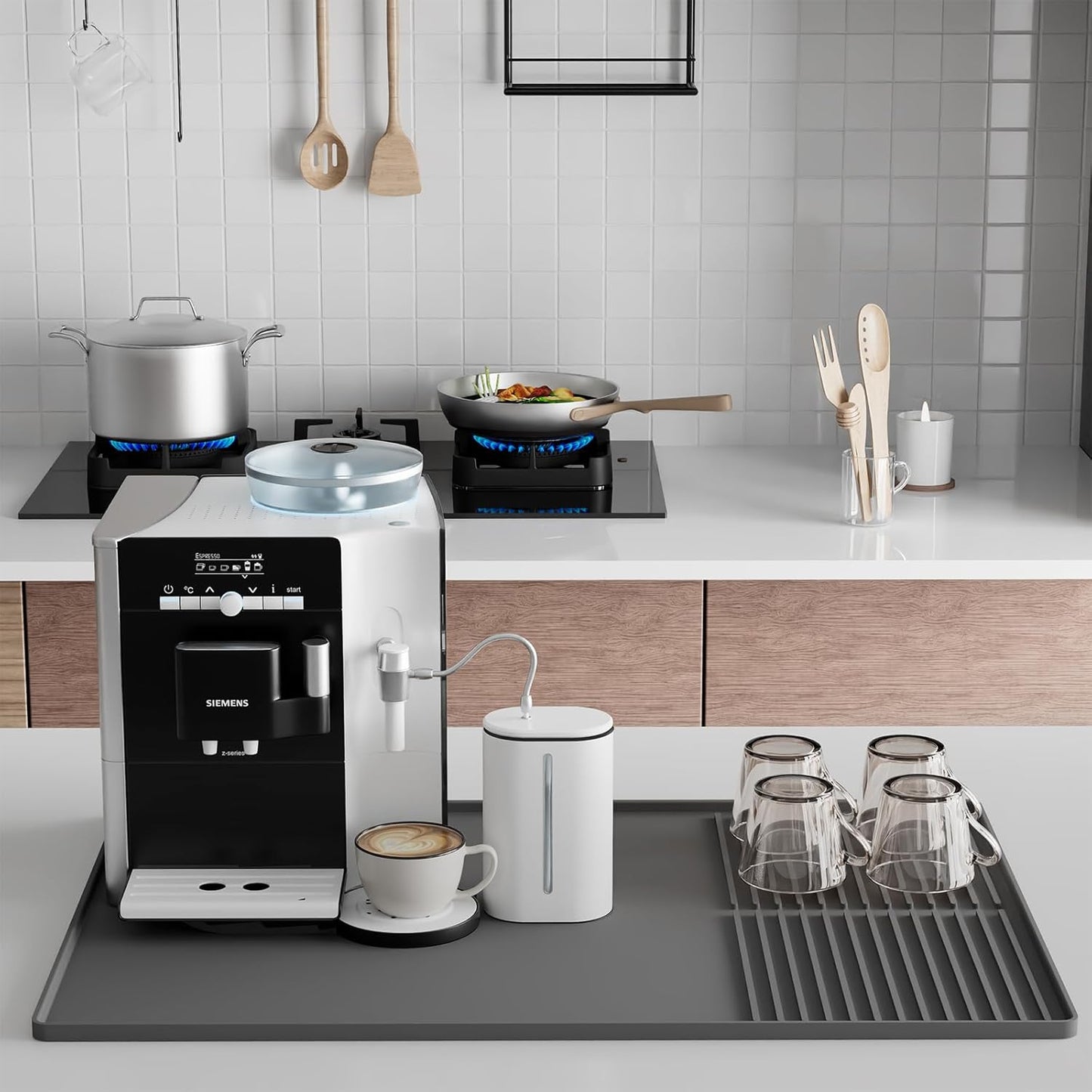 Silicone Coffee Mat with Raised Edges, 20'' X 12'', Bar Mat for Countertops, Fits Under Coffee Maker, Espresso Machine, Dish Drying Mat (GRAY)