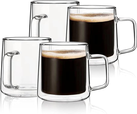 CNGLASS 10oz Glass Coffee Mugs,Double Wall Insulated Glass Mugs with Handle,Clear Espresso Mug for Latte,Cappuccino,Tea Bag,Set of 4