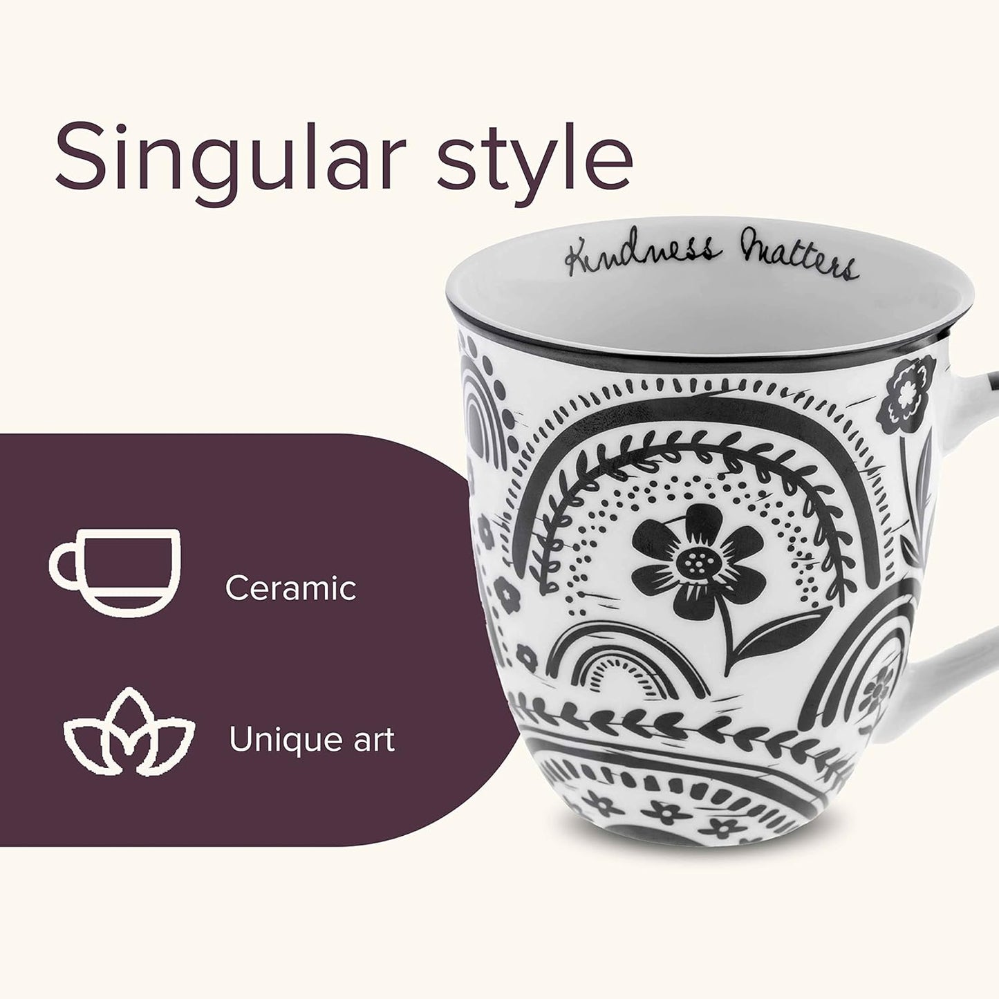 Karma Gifts 16 oz Black and White Boho Mug Rainbow - Cute Coffee and Tea Mug - Ceramic Coffee Mugs for Women and Men, 4.25" x 3.7"