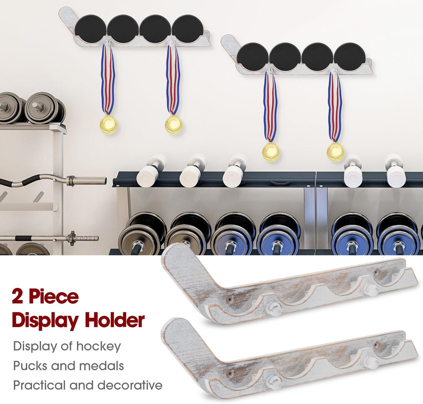 2 Pack Hockey Puck Display Cases Wooden Wall Mount Holder with Hook - Hockey Puck Holder Living Room Stick Decor Accessory for Player Team Gift - Oldwood