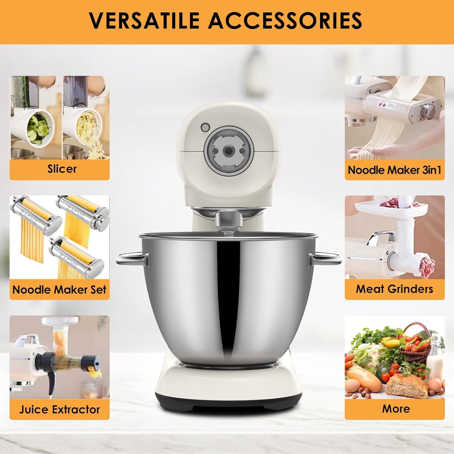 ZACME Mixers Kitchen Electric Stand Mixer 5.5QT 600W, Aluminum die casting and Gears, Dual Cooling System, Low Noise, DC Motor, LED Display and Timing Function, Tilt-head Metal Food Mixer, White