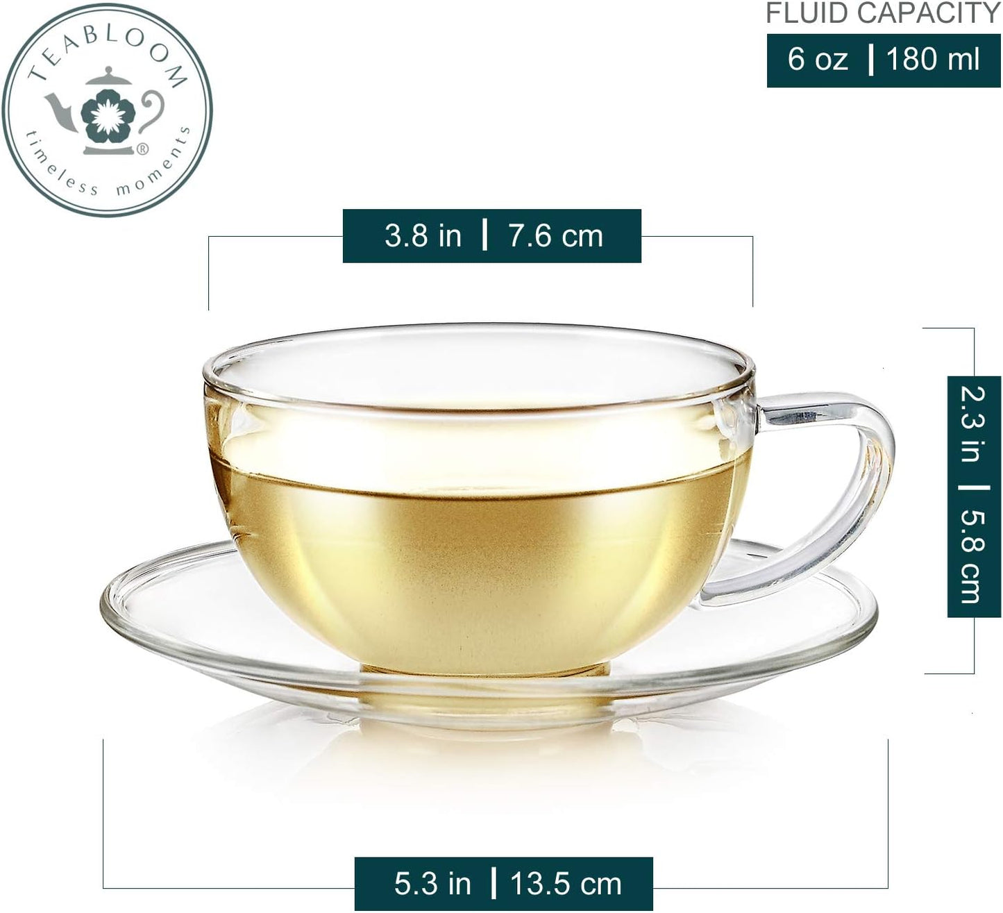 Teabloom Kyoto Teacup and Saucer Set 2-Pack – Standard Teacup Size – 6 OZ/ 180 ML Capacity – Crystal Clear Design –– Premium Borosilicate Glass – Heat Resistant, Microwave Safe
