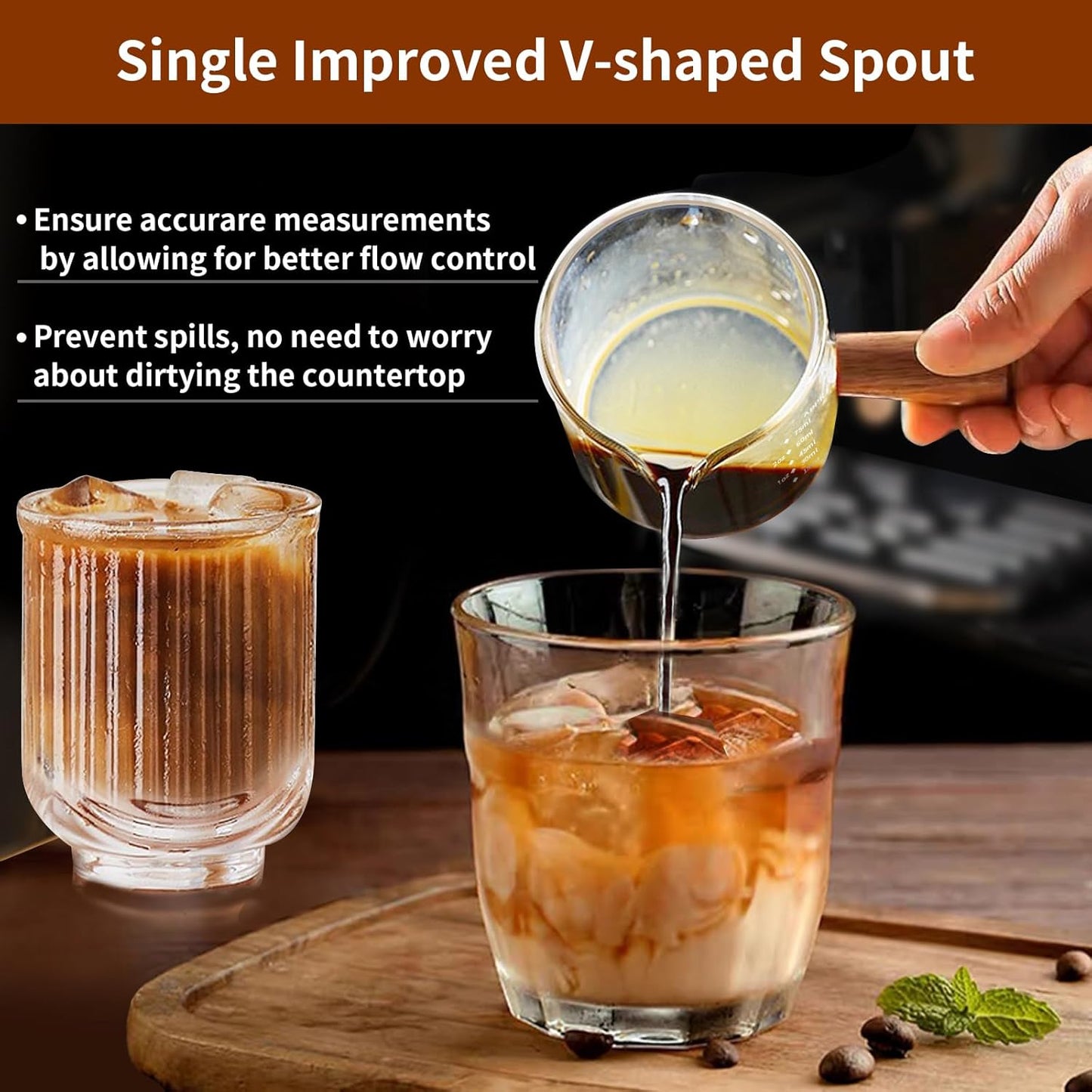 YARRAMATE 3oz Espresso Shots Cup with Wood Handle (2 Pack), Clear Glass Espresso Machine Accessories, Espresso Measuring Cup with Dual Scale, Espresso Shot Glass with Single Spout