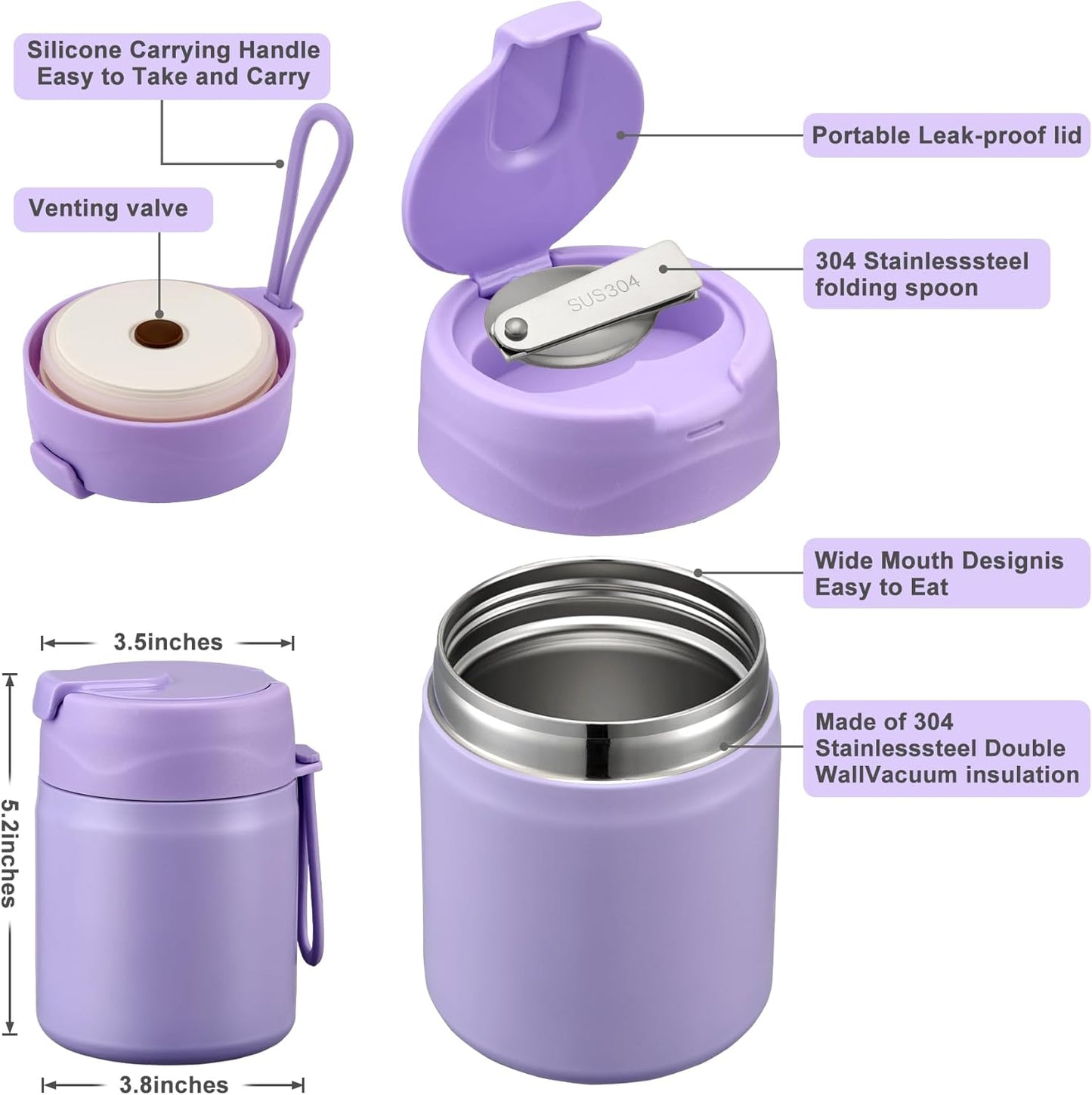 17oz Soup Thermo for Hot Food Kids,Insulated Food Jar with Spoon,Thermo Hot Food Lunch Container,Wide Mouth Leakproof Stainless Steel Lunch Box for School-Purple