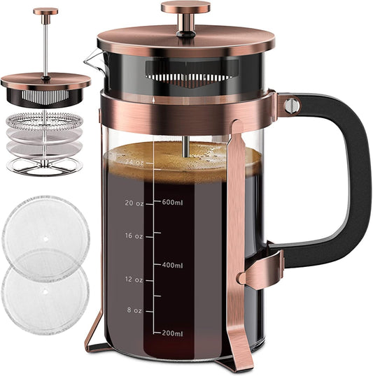 QUQIYSO French Press Coffee Maker 34oz 304 Stainless Steel with 4 Filter, Heat Resistant Durable, Easy to Clean, Borosilicate Glass Press, 100% BPA Free Teapot (Copper)