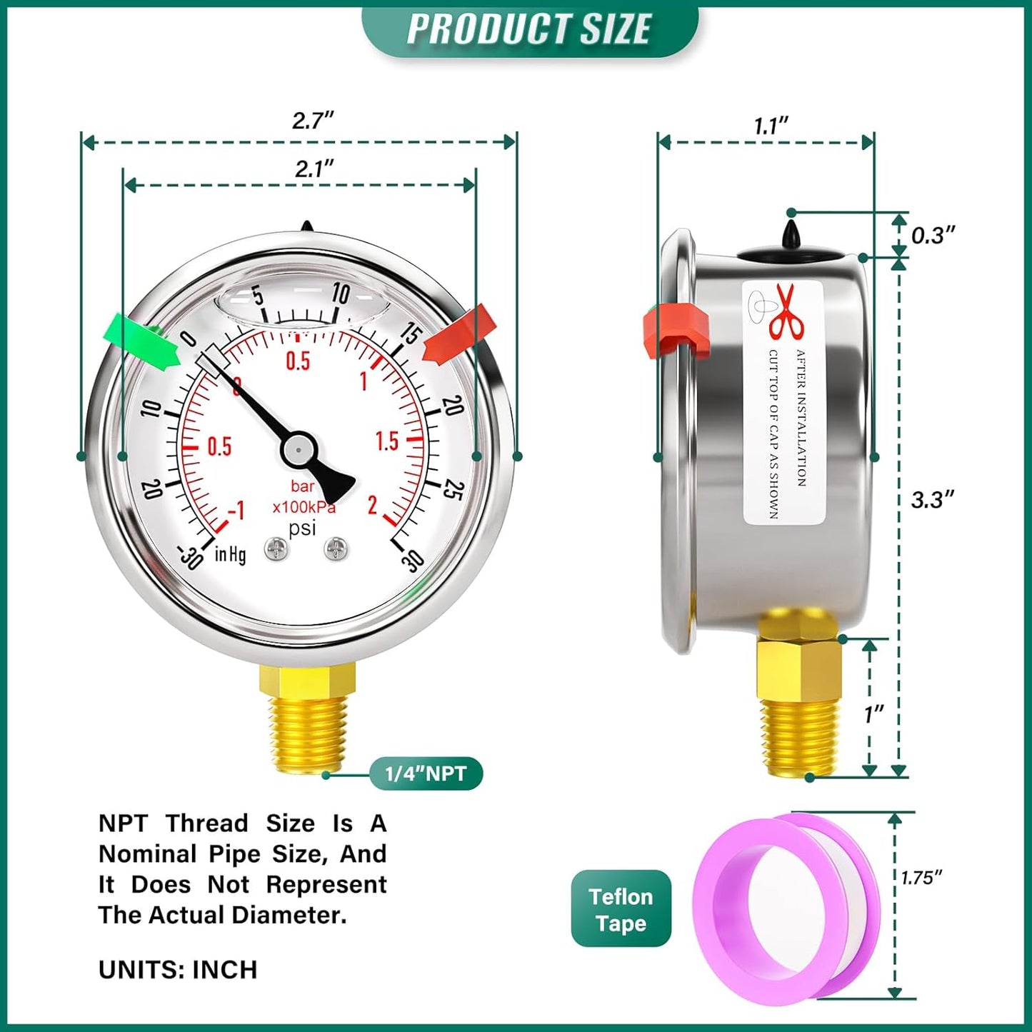 Glycerin Filled Vacuum Pressure Gauge-30-30psi Stainless Steel 1/4" NPT 2.5" Dial, for LowerMounting Designed for Pressure Testing of Water, Oil and Air (with Range Mark Pointer)