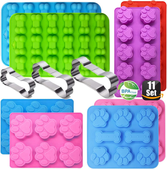 Dog Treat Molds, Dog Paw and Bone Shaped Silicone Molds，3 Packs Stainless Steel Cookie Cutter，for Chocolate, Candy, Jelly, Ice Cube, Dog Treats - Set of 11