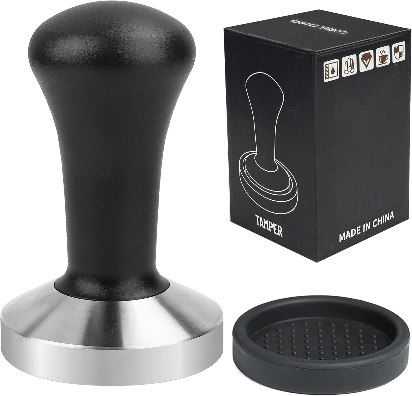 58mm Black Coffee Hand Tamper 304 Stainless Steel Base Professional Espresso Press for Portafilter Coffee Machine Barista Tool (58mm)
