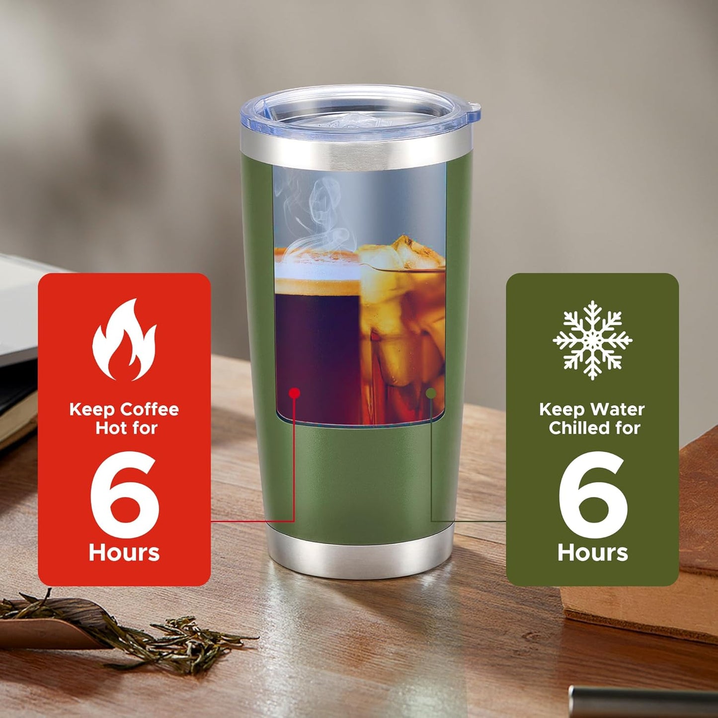 OMTech 20oz Tumblers Bulk, 6pc Stainless Steel Tumbler Set with Lid & Straw, Double Wall Vacuum Insulated Mug for Laser Engraver, Travel Coffee Mug for Hot & Cold Drinks, Army Green Powder Coated Cup