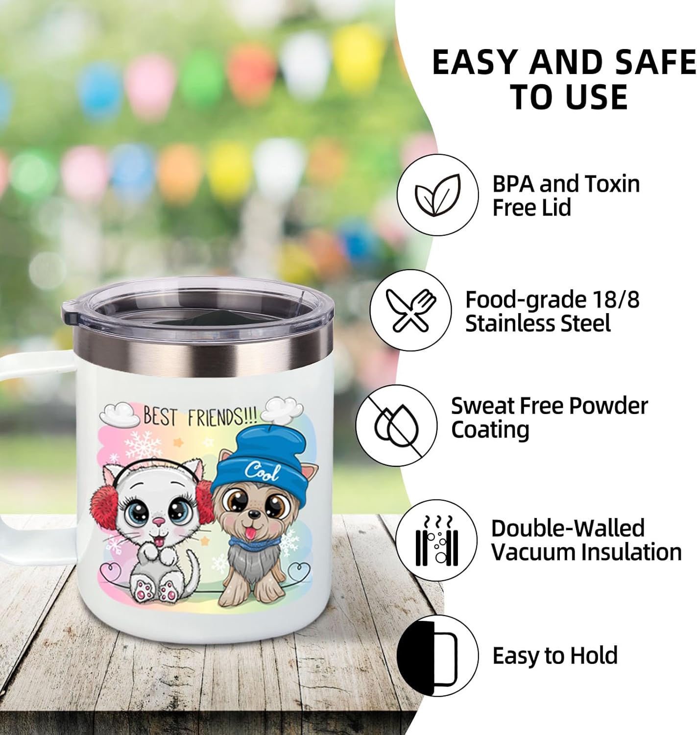 Volhoply 14oz sublimation Insulated Stainless Steel Coffee Mug with Lid Bulk 4 Pack,Double Wall Vacuum Travel Coffee Cup with Handle,Reusable Metal Cups Tumbler,Camping Mugs Keep Hot(Sublimation,4)