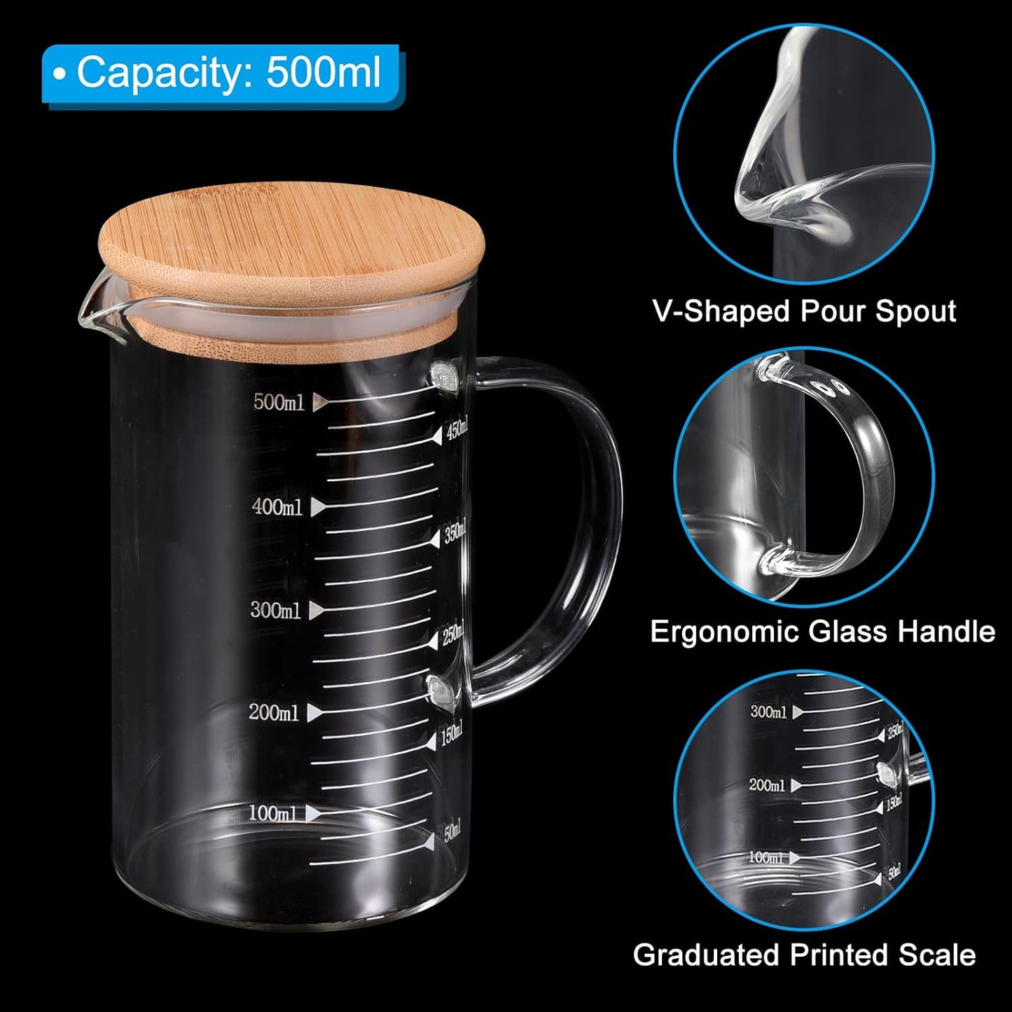 PATIKIL 500ml Glass Measuring Cup, 3.3 Borosilicate Glass Graduated White Printed Scale Liquid Measure Cups Beaker with Wood Lid and V-Shaped Spout for Kitchen