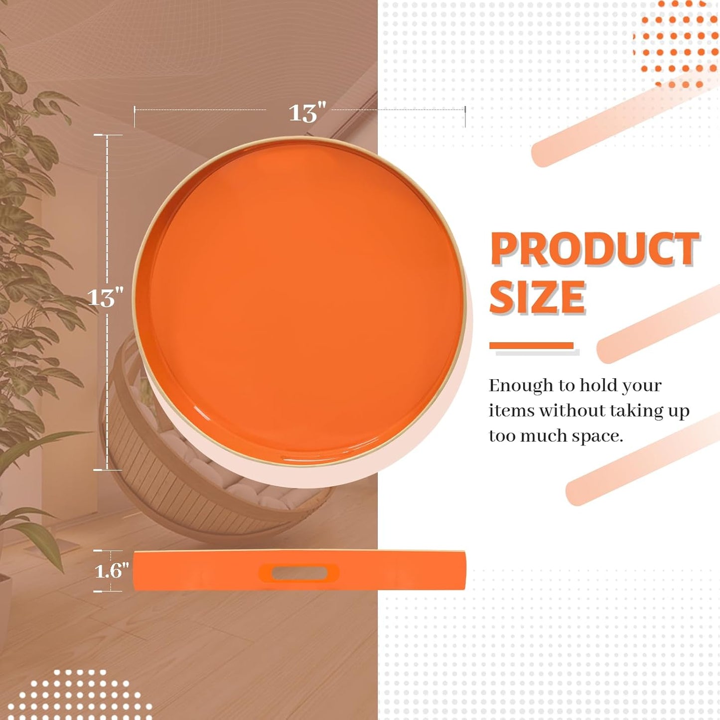 MAONAME 13" Round Tray, Orange Serving Tray with Handles, Modern Decorative Trays for Coffee Table, Plastic Ottoman Trays for Ottoman, Bathroom, Halloween Decor