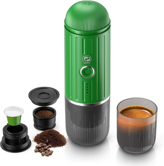 Fast self-heating Portable Electric Espresso Coffee Maker, 2 IN 1 Extraction Espresso Machine, Support Ground Coffee and NS capsule, for Travel,Car,Hiking,Climbing（Green） Rich Crema