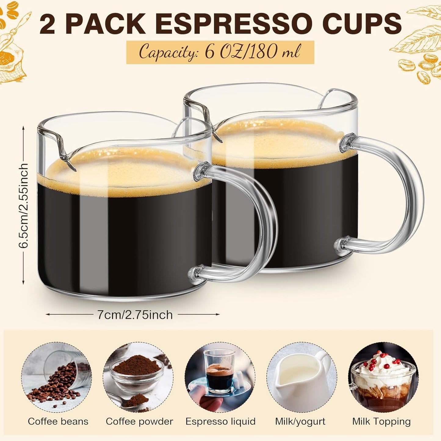 Patelai Espresso Cups Set of 2, 180ml/ 6oz Coffee Cups with Double Spouts & Handle, Clear Espresso Shot Glass for Espresso Machines, Milk Frothing, and Coffee Bars Accessories