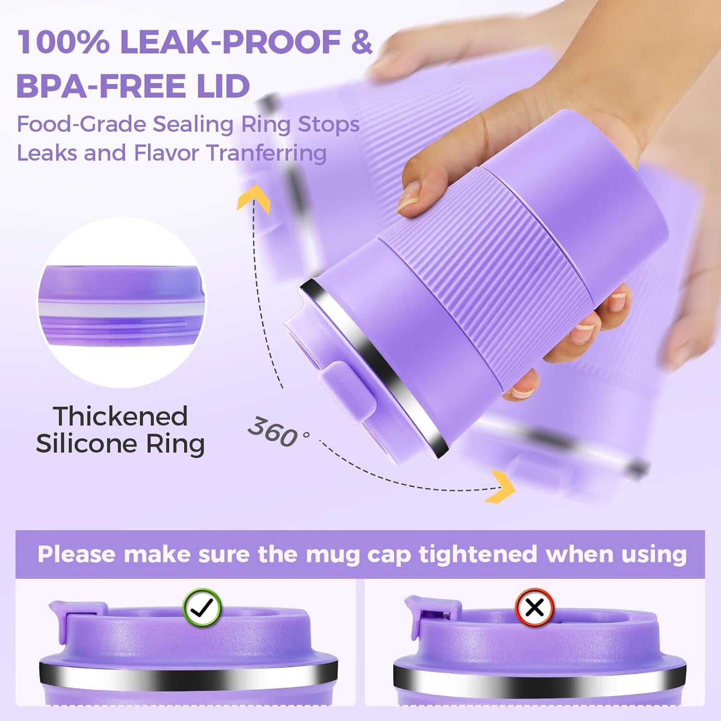 Volhoply 13 oz Stainless Steel Insulated Travel Coffee Mug with Fip Lid Bulk 2 Pack,Reusable Double Wall Vacuum Metal Coffee Cup,Portable Leak Proof Thermal Tumbler for Hot & Cold Drinks(Purple,2)