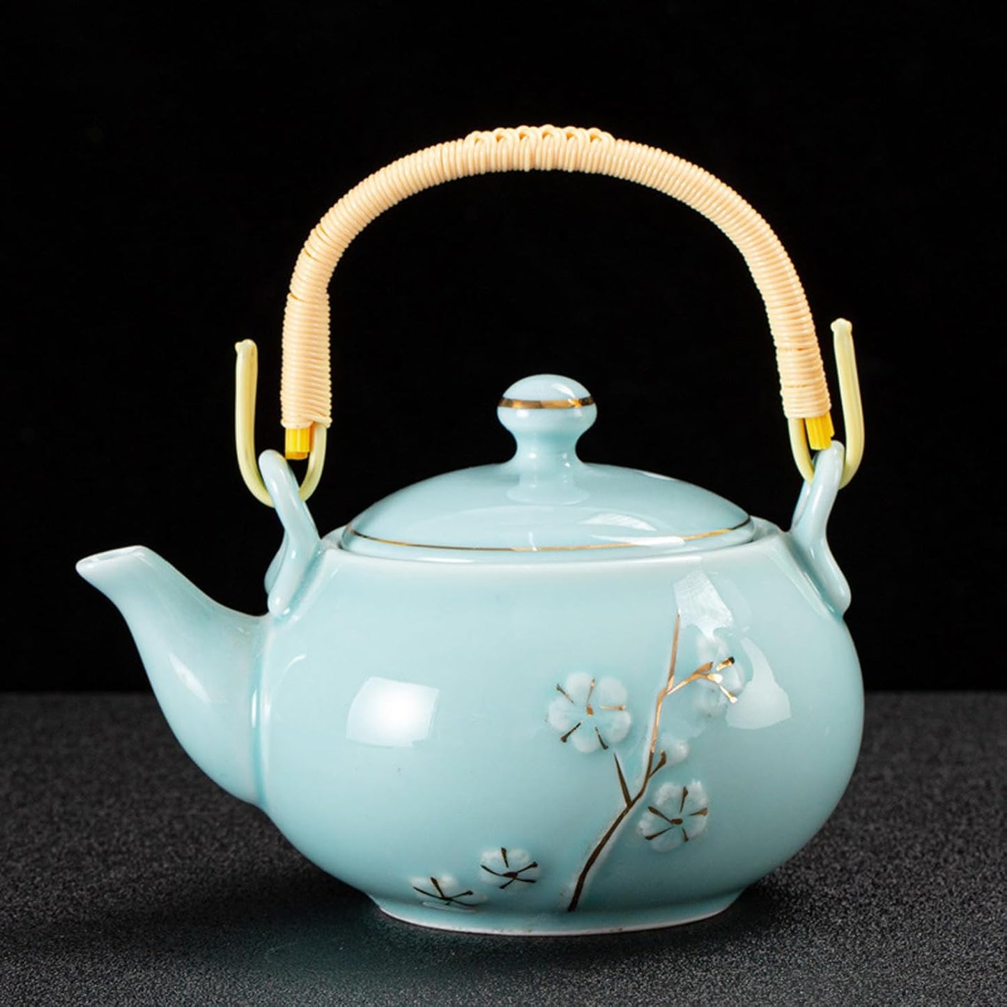 KEYDUACU Japanese Tea Set, Kiln-Formed Ceramic TeaSet, Plum Blossom Embossed, Includes 1 Teapot, 6 Teacups,Tea Tray,Strainer, Used for home, outdoor, gift, Chinese Kung Fu Tea Sets(FDMH-CYAN-MU)