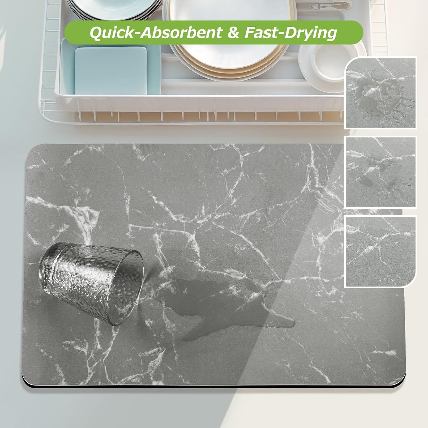 Coffee Bar Mat Dish Drying Mat - 16x24, PU Surface & Rubber Backed, Kitchen Countertop Protector, Quick Absorbent, Heat Resistant - Gray and White Marble